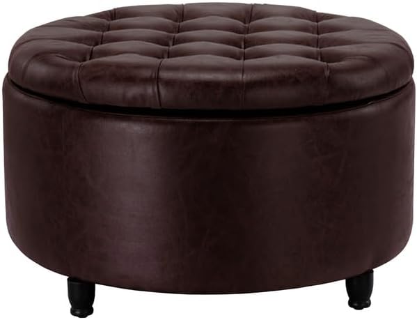 Niche Knight 28-Inch Large Round Pintucked Storage Ottoman with Lift-Off Lid, Tufted Faux Leather Accent Footrest for Living Room, Bedroom, Entryway, Hidden Storage – Brown Faux Leather