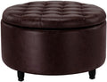 Niche Knight 28-Inch Large Round Pintucked Storage Ottoman with Lift-Off Lid, Tufted Faux Leather Accent Footrest for Living Room, Bedroom, Entryway, Hidden Storage – Brown Faux Leather