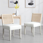 Farmhouse Dining Chairs Set of 4, Upholstered Kitchen Room Chairs with Rattan Back, Solid Wood Woven Back Dining Chairs Accent Linen Side Chair for Dining/Living Room/Dinner, Ivory