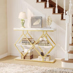 3-Tier Industrial Entryway Table with Diamond-Shaped Metal Frame, Open Shelf Console Sofa Table for Living Room, Hallway, Foyer Storage Accent Table with Adjustable Feet, Rustic Wood Top (White)
