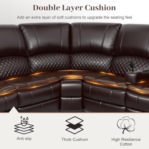 Upgraded 5 Seater Reclining Sofa Set, Modern Living Room Couch (Pu,Brown) | Home Theater Seating with Removable Console, Recliner Sectional Couch with Storage, Reclining Sectional Couch Set with USB