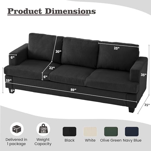 Apicizon Loveseat & 3 Seater Sofa Sets, 89" Couch Sofa Set for Living Room Furniture, 2 Piece Modern Sleeper Sofa with Deep Seat Cloud Couch for Apartment Lounge, Black Corduroy