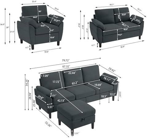 3 Pieces Sectional Sofa Set, 79" Modern L Shaped Couch & 57" Loveseat & 35" Accent Chair, Linen Upholstered Sofa Set with Movable Ottoman, Couches for Living Room, Apartment, Dark Grey