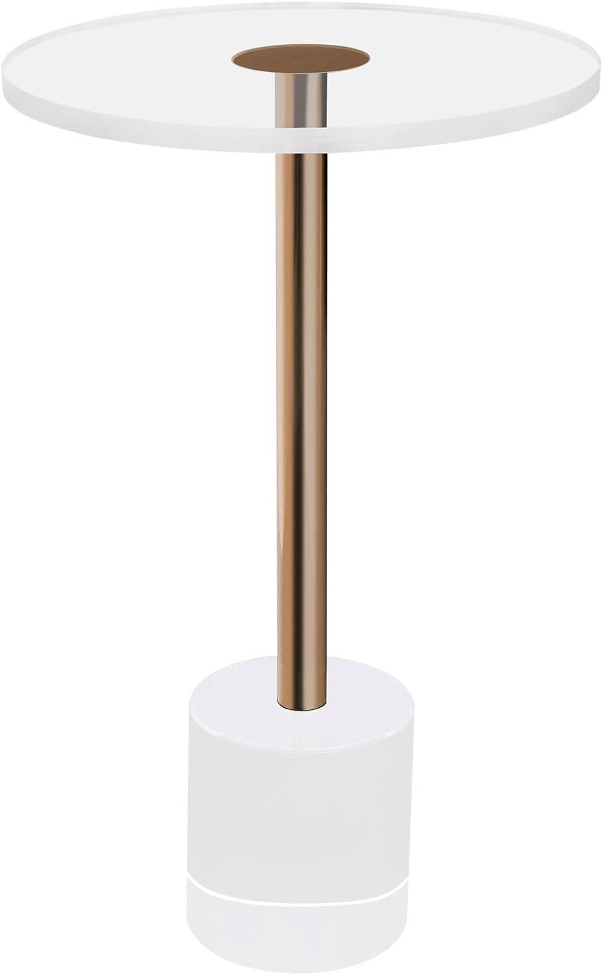 Modern Side Table with Cylindrical Base, Clear Acrylic End Table, Brushed Brass Metal Side Table for Office Living Room and Bedroom (Medium Round Base)