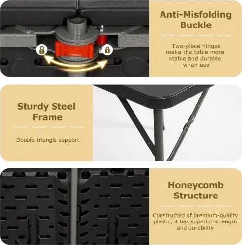 34" Square Plastic Folding Card Table - Portable Outdoor Dining Table with Collapsible Legs & Carrying Handle, Heavy Duty Plastic Table for Camping, Picnic, Office & Home(Black)