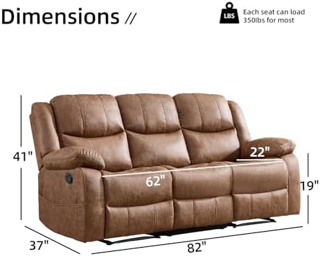 EBELLO Faux Leather Manual Reclining Sofa, Mid-Century Modern Overstuffed Armrest 3 Seat Recliner Sofa, Reclining Couch for Living Room, Meeting Room, Brown (3 Seat Sofa)
