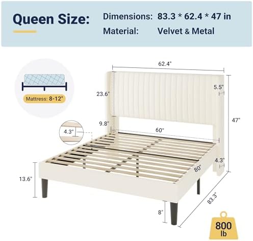 Allewie Queen Size Velvet Bed Frame/Vertical Channel Tufted Wingback Headboard/Upholstered Platform Bed/Strong Wooden Slats/No Box Spring Needed/Easy Assembly/Cream White