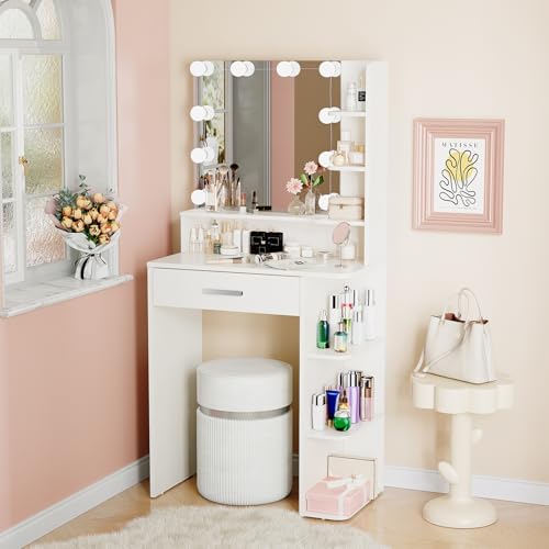 Makeup Vanity Desk with Mirror and Lights, 26.4”Small Vanity Mirror with Lights with Large Drawer and 6 Level Storage, White Vanity with Large Led Mirror with 3 Color Lighting Modes (White)