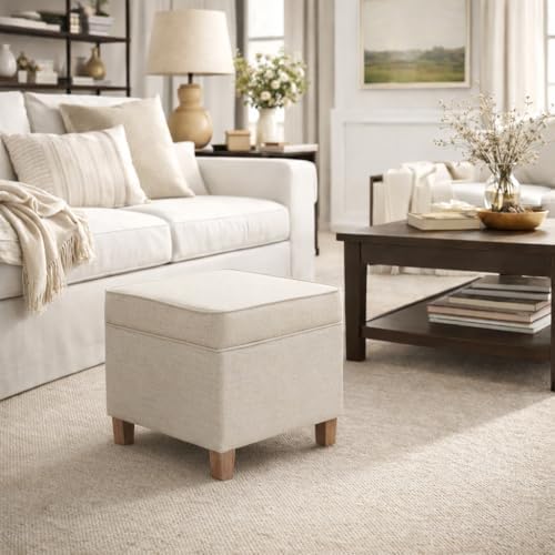 Homepop Home Decor | K7342-F2067 | Classic Square Storage Ottoman with Lift Off Lid | Ottoman with Storage for Living Room & Bedroom, Cream Woven