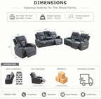 Power Reclining Sofa Set with USB Charging/LED, Blueish Grey Leather Recliner Couch with Cup Holders/Storage Console, 3 Pieces Home Theater Furniture for Living Room/Apartment/Office