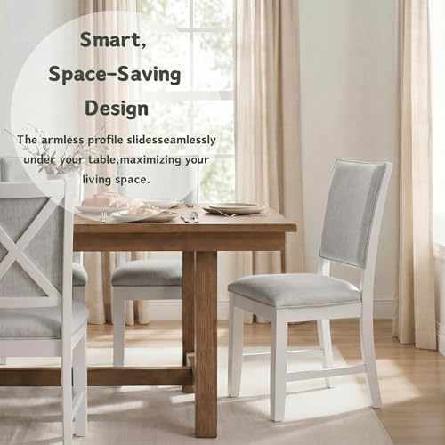 Farmhouse Dining Chairs Set of 2 Upholstered Kitchen Chairs with Cross Back Armless Wooden Side Chairs for Dining Room, Living Room, Reception (Grey Linen + White Frame)