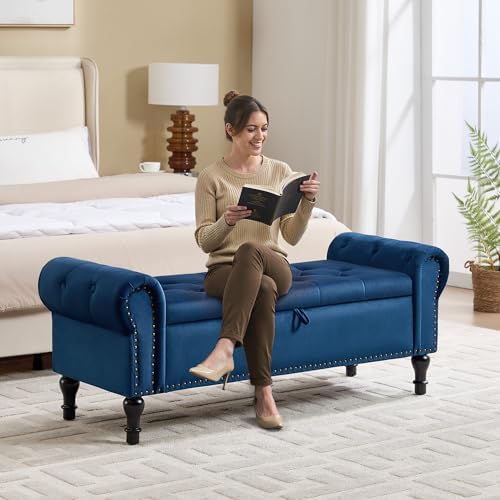 Storage Bench for Bedroom, 51" Upholstered End of Bed Bench, Velvet Queen Size Benches with Rolled Arms, Tufted Button Storage Long Ottoman, Living Room, Entryway, Blue