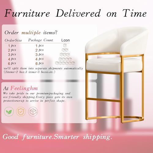 Modern Counter Height Bar Stools,Bar Stools Set of 3,PU Leather Upholstered Barrel Barstools with Backs,26" Kitchen Island Chairs,Metal Gold Frames,Support 480 LBS,Beige White Leather
