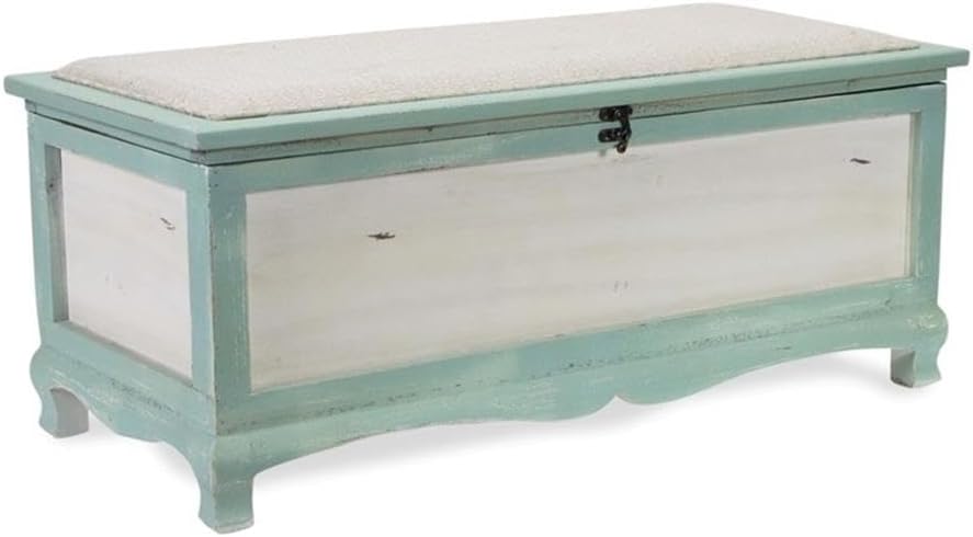 Pemberly Row Shabby-Chic Wood Bench Chest, Seafoam Green & Off White Finish, Cushioned Seat with Hinged Lift-Up Storage, Handcrafted Bedroom or Entryway Seating Organizer, Fully Assembled