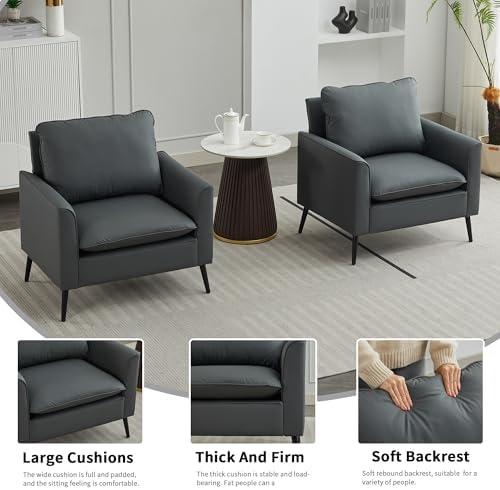 YISHENG Mid-Century Modern Living Room Accent Chairs Set of 2 - Oversized Faux Leather Armchairs with Removable Cushions & Metal Legs, Comfortable Sofas for Office/Lounge/Bedroom/Reception,Gray