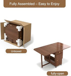 Drop Leaf Table and Chairs - 59" Fully Assembled Folding Dining Table 4-6 Seater with Storage and Lockable Wheels, Space-Saving Set with 4 Chairs for Kitchen or Dining Room (Walnut)