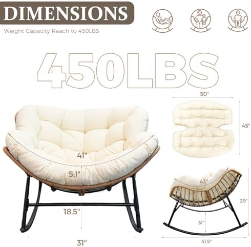 FINCATI 2 PCS Outdoor Rocking Chair, Oversized Papasan Rocking Chair | 450 Lbs Capacity, Large Size, PE Wicker Egg Rocker with Beige Thick Cushion, Cozy Padded Lounge Chair for Porch Garden