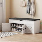 Homleke Shoe Storage Bench with Lift Top & 3 Barn Doors | Entryway Bench with Removable Cushion, Adjustable Shelf & Hidden Storage, for Hallway, Living Room & Bedroom, White