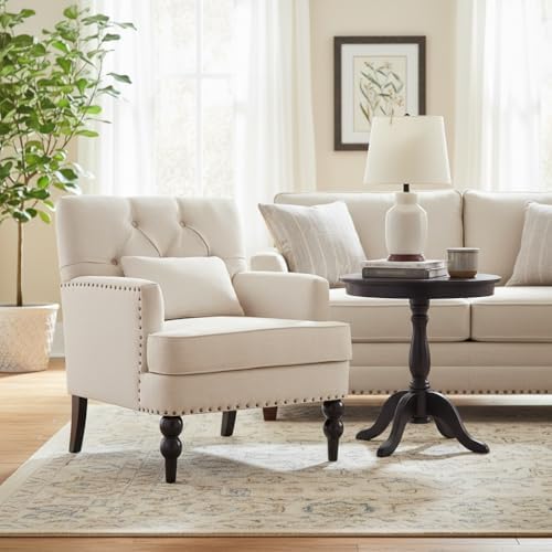 HUIMO Accent Chair, Tufted Upholstered Club Chair, Beige | Upholstered Fabric Armchairs, Button Tufted Reading Chairs for Living Room, Bedroom