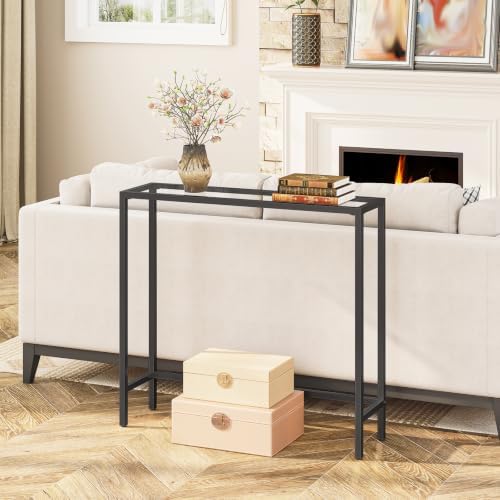 HOOBRO 29.5" Narrow Console Table, Modern Sofa Table Behind Couch Table | Tempered Glass Entryway Table, Small Side Table for Entrance, Living Room, Foyer, Hallway, Bedroom, Black BK07XG01