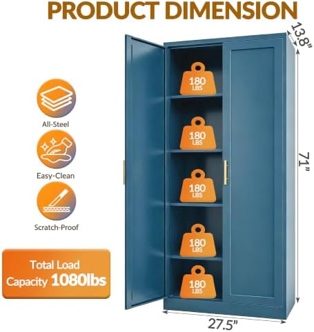 BESFUR 71" Tall Metal Storage Cabinet with 2 Doors and 4 Adjustable Shelves, Heavy Duty Kitchen Pantry Cabinet for Home Office, Kitchen, Garage and Dining Room, Blue,71”H x 27.5”W x 13.8”D