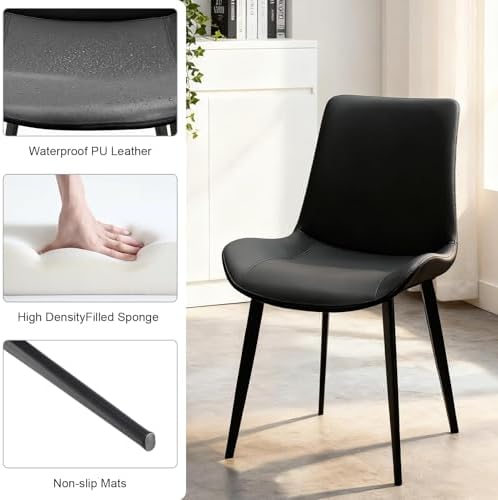 Black Dining Chairs Set of 8, Mid Century Modern Faux Leather Kitchen Chairs, Comfy Upholstered Dinner Chairs with Durable Metal Legs for Dinning Room Living Room Kitchen, Black