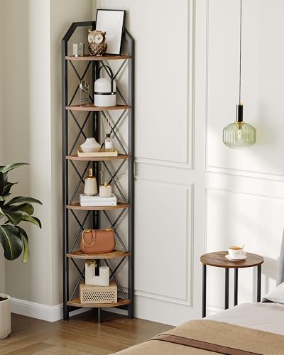 CHOEZON 6-Tier Corner Shelf, Industrial Corner Bookshelf, 71.2" Corner Storage Stand, Plant Stand Display Shelf, Corner Bookcase for Bedroom, Living Room, Home Office, Rustic Brown and Black TCJ11BF