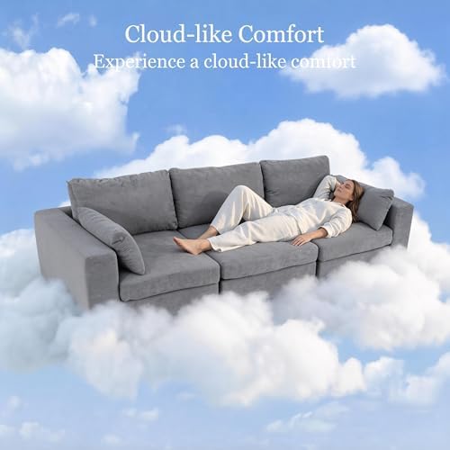 Oversized L Shaped Sectional Couch for Living Room, Extra Wide Deep Seat Couch with Covers Removable, Modern Luxury Chenille Modular Sectional Sofa, Cloud Couch for Apartment, Light Gray