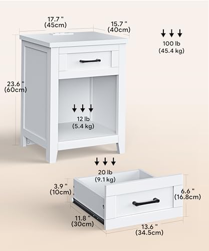 Decofy Farmhouse Nightstand with Charging Station & Large Storage, Set of 2 Modern End Tables with Outlets, USB Ports and Type-C Ports, Easy Assembly for Bedroom (Pure White)