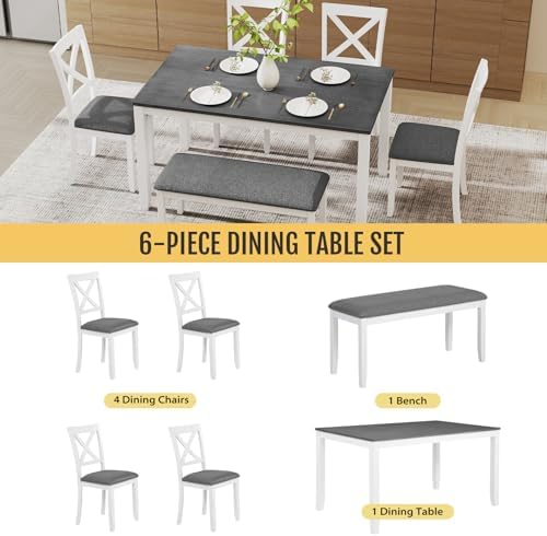 Zevemomo 6-Piece Solid Wood Dining Table Set, Wooden Legs, White | Including 1 Dining Table, 4 Upholstered Chairs and 1 Bench, Wooden Legs Dining Table Set for Dining Room, Kitchen, Restaurant