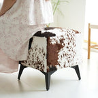 Tricolor Cow Print Ottoman, Faux Cowhide Footstool, Western Style | 16x16x17 Inch Cube Stool, Solid Metal Legs, Animal Print Ottoman, Farmhouse Decor for Living Room, Bedroom, Entryway