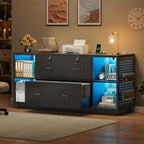 SEDETA 55" File Cabinet with Lock, Large 3 Drawers Filing Cabinets for Home Office, Lockable Printer Stand with Storage, Power Strip, LED Light & Pegboard, Black