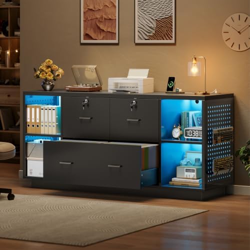SEDETA 55" File Cabinet with Lock, Large 3 Drawers Filing Cabinets for Home Office, Lockable Printer Stand with Storage, Power Strip, LED Light & Pegboard, Black