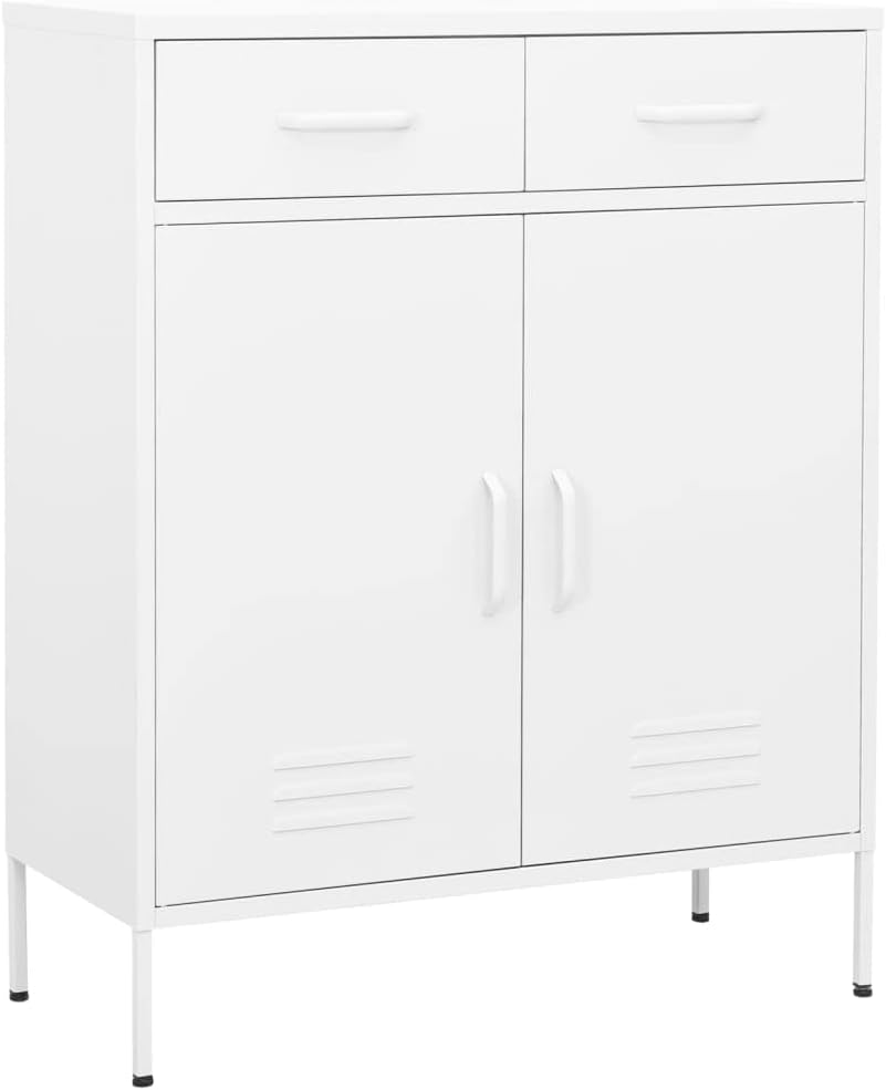 White Steel Cabinet 31.5x13.8x40 in, 2-Door Pantry w/ 2 Drawers, Adjustable Shelf, 220 lb Load for Bath/Kitchen/Garage