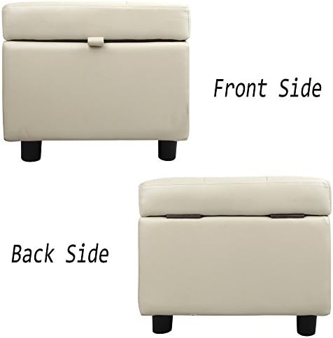 H&B Luxuries Tufted Leather Square Flip Top Storage Ottoman Cube Foot Rest (Cream with Storage)