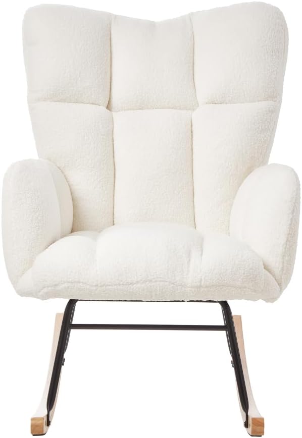 Glider Chair for Living Room Tufted Upholstered Teddy Fabric Rocking Chair with Metal Frame Accent Chair (Ivory)