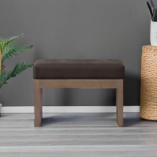 SIMPLIHOME Milltown 27" Wide Vegan Leather Ottoman in Distressed Brown | Contemporary ottoman with a cushioned seat for bedroom seating; rectangle footstool, footrest or bench.