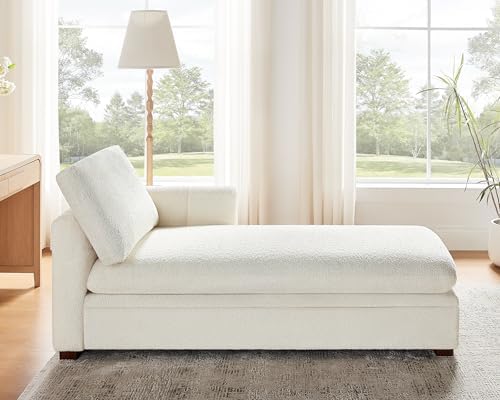 VANOMi Oversized 70.47'' Chaise Lounge Chair with Storage, Boucle White | Upholstered Sofa Bed with Thick Cushion, Left Armrest, Leisure Recliner Chair for Living Room, Bedroom, Indoor, Back Pillow