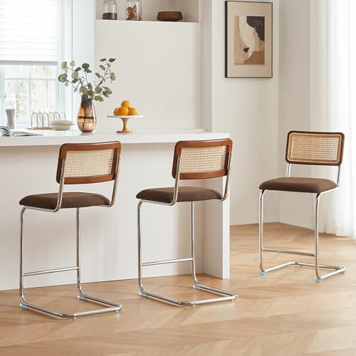 GrandNoor Natural Rattan Counter Height Stools Set of 3 with Solid Wood Back, 24 Inch Mid Century Modern Cesca Bar Stools, Brown Upholstery Boho Stool for Kitchen Counter with Chrome Metal Legs