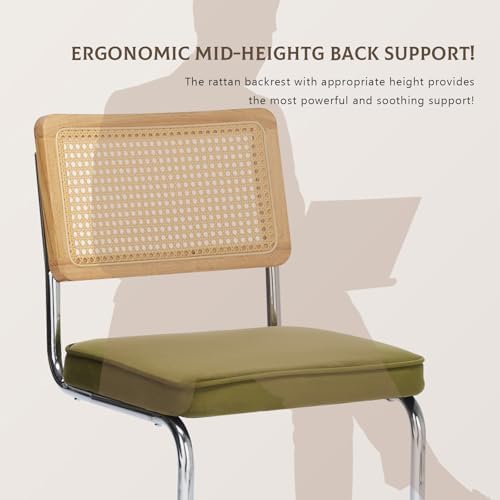 Rattan Dining Chairs Set of 4,Upholstered Mid-Century Modern Dining Room Chairs with Cane Backrest,Retro Velvet Kitchen Chairs with Stainless Chrome Base,Green