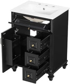 JIVOIT 24 Inch Bathroom Vanity with Ceramic Sink Top, Solid Wood & MDF Vanity Cabinet with Flip-Out Drawer, 3 Drawers & Storage Cabinet, Adjustable Shelf, Door-Mounted Storage Rack (Black-33)