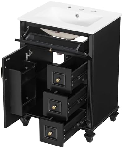 JIVOIT 24 Inch Bathroom Vanity with Ceramic Sink Top, Solid Wood & MDF Vanity Cabinet with Flip-Out Drawer, 3 Drawers & Storage Cabinet, Adjustable Shelf, Door-Mounted Storage Rack (Black-33)