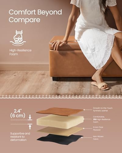 VASAGLE Storage Ottoman Bench with Stitching, PU Leather, Entryway Bedroom | Ottoman Bench, Mid-Century Modern, with Stitching, Bedroom, Living Room, Caramel Brown, EKHO Collection ULOM075K01