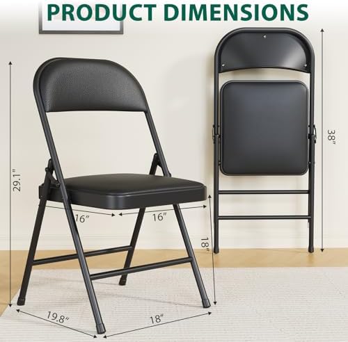 Folding Chairs 4 Pack,350 lbs Heavy Duty Metal Frame Folding Chairs with PU Leather Padded Seat,Ergonomic Portable Foldable Chair with Non-Slip Rubber Feet for Indoor Outdoor Wedding Patio Party,Black
