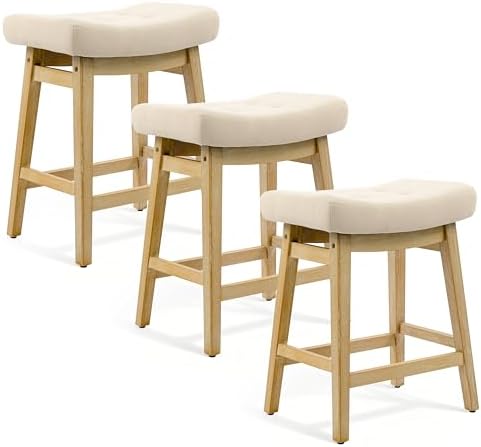 Counter Height Bar Stools Set of 3 for Kitchen Counter, Backless Farmhouse Island Short Barstools No Back with Padded Fabric Saddle Seat & Solid Wood Legs Modern 24 inch Counter Top Bar Chairs, Khaki