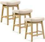 Counter Height Bar Stools Set of 3 for Kitchen Counter, Backless Farmhouse Island Short Barstools No Back with Padded Fabric Saddle Seat & Solid Wood Legs Modern 24 inch Counter Top Bar Chairs, Khaki