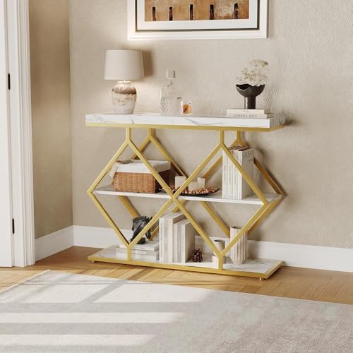 3-Tier Industrial Entryway Table with Diamond-Shaped Metal Frame, Open Shelf Console Sofa Table for Living Room, Hallway, Foyer Storage Accent Table with Adjustable Feet, Rustic Wood Top (White)