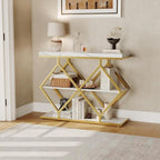3-Tier Industrial Entryway Table with Diamond-Shaped Metal Frame, Open Shelf Console Sofa Table for Living Room, Hallway, Foyer Storage Accent Table with Adjustable Feet, Rustic Wood Top (White)