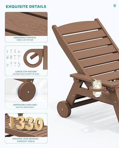 SERWALL HDPE Outdoor Lounge Chair Set of 2 with Cup Holder, Brown | with 5 Position Adjustable Backrest & Rolling Wheels