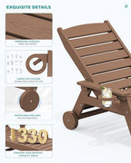 SERWALL HDPE Outdoor Lounge Chair Set of 2 with Cup Holder, Brown | with 5 Position Adjustable Backrest & Rolling Wheels
